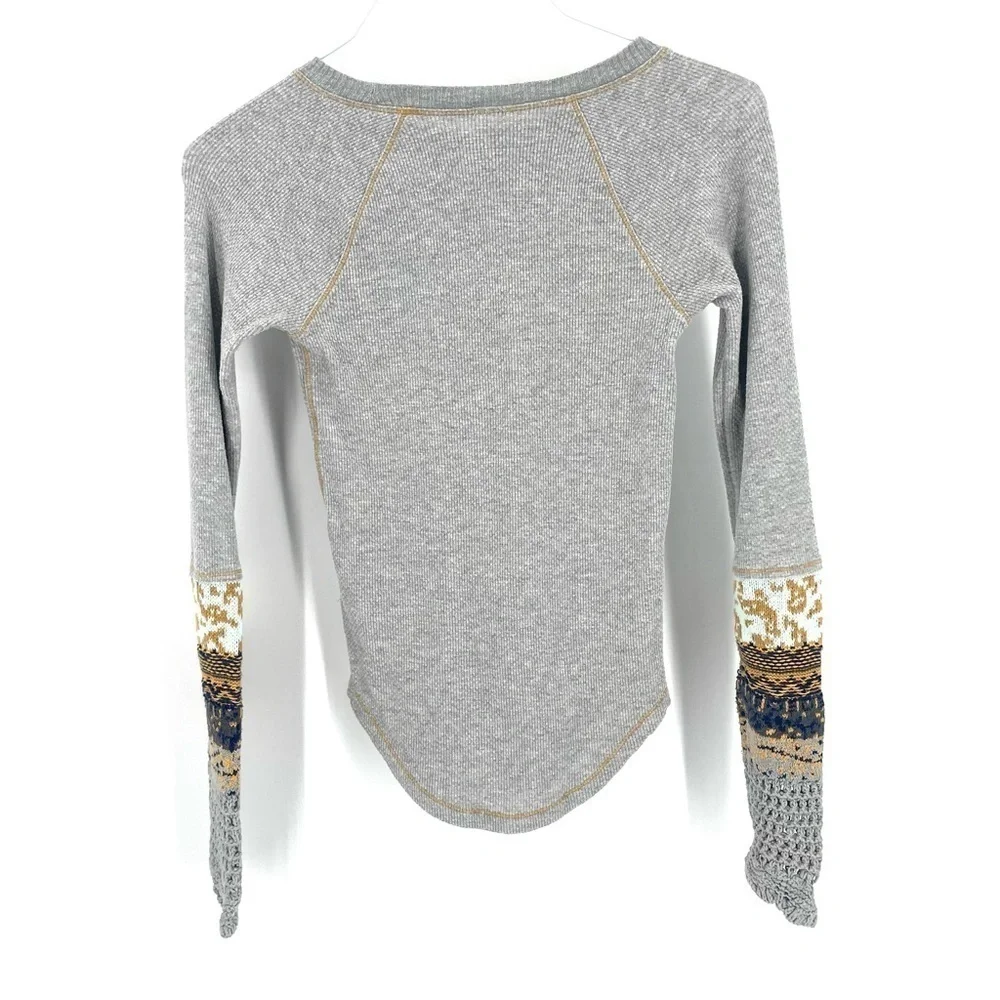 Free People In The Mix Cuff Crochet Long Sleeve Crewneck Top in Heather Grey